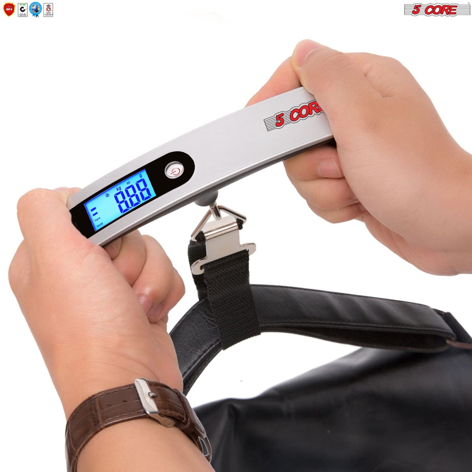 5 Core Luggage Scale with a digital display, sturdy hook, and rubber handle, designed for weighing luggage accurately and conveniently.