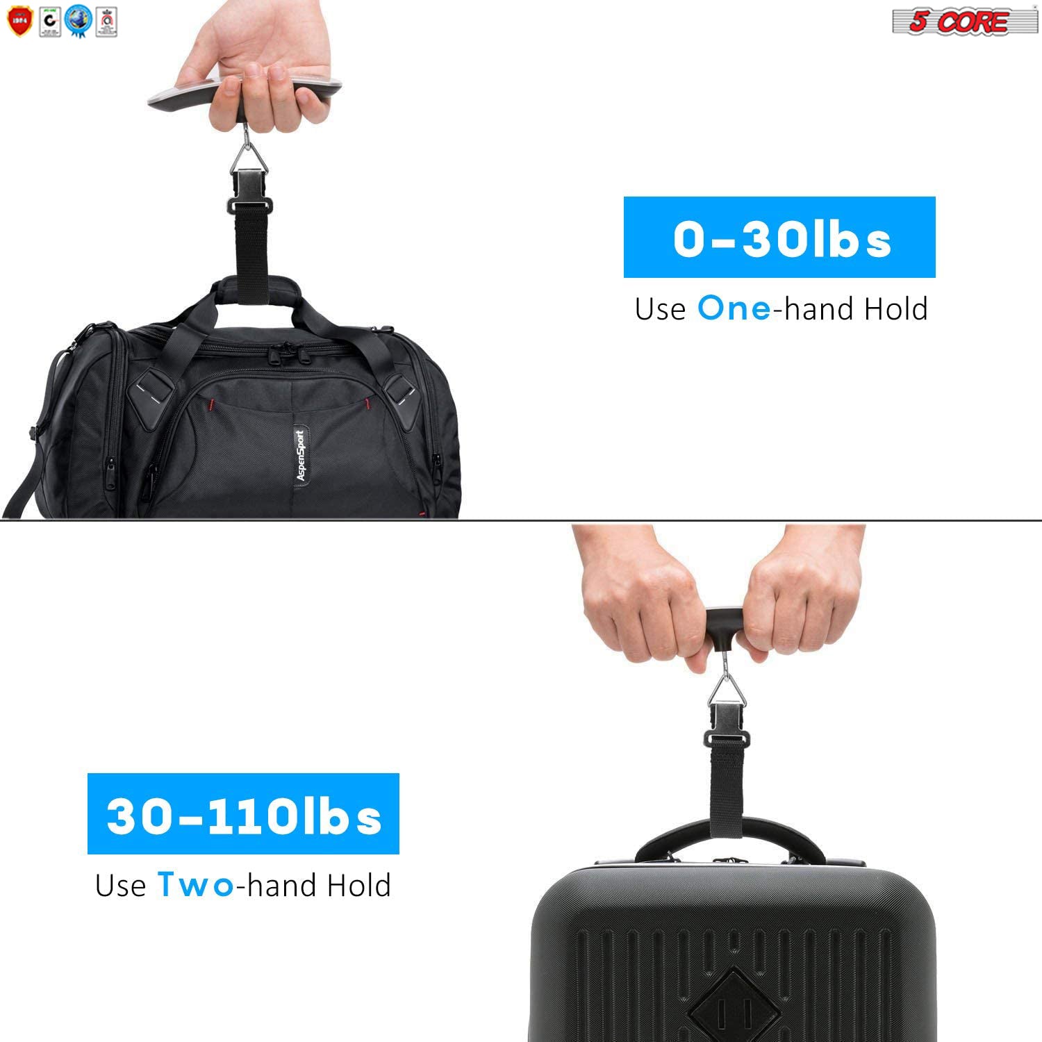 5 Core Luggage Scale with a digital display, sturdy hook, and rubber handle, designed for weighing luggage accurately and conveniently.