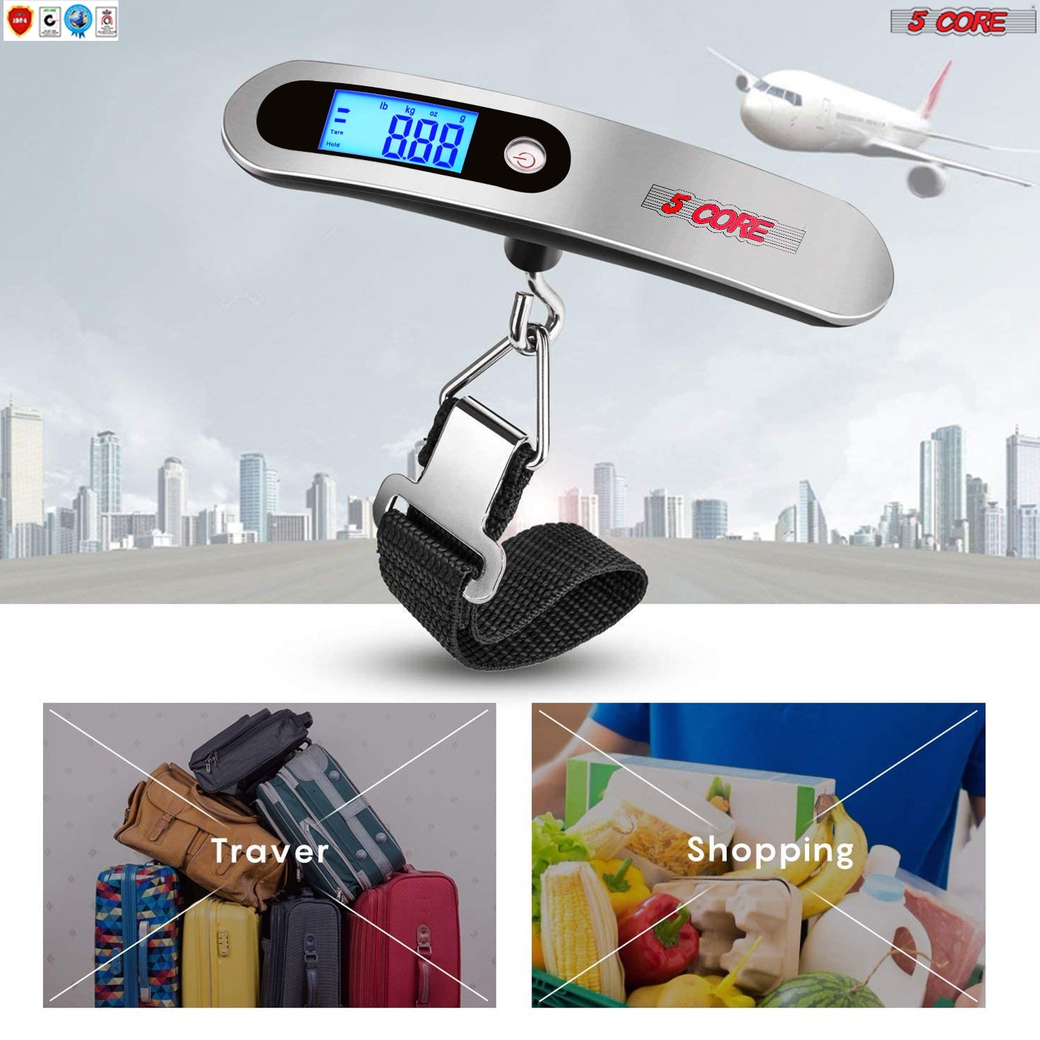 5 Core Luggage Scale with a digital display, sturdy hook, and rubber handle, designed for weighing luggage accurately and conveniently.