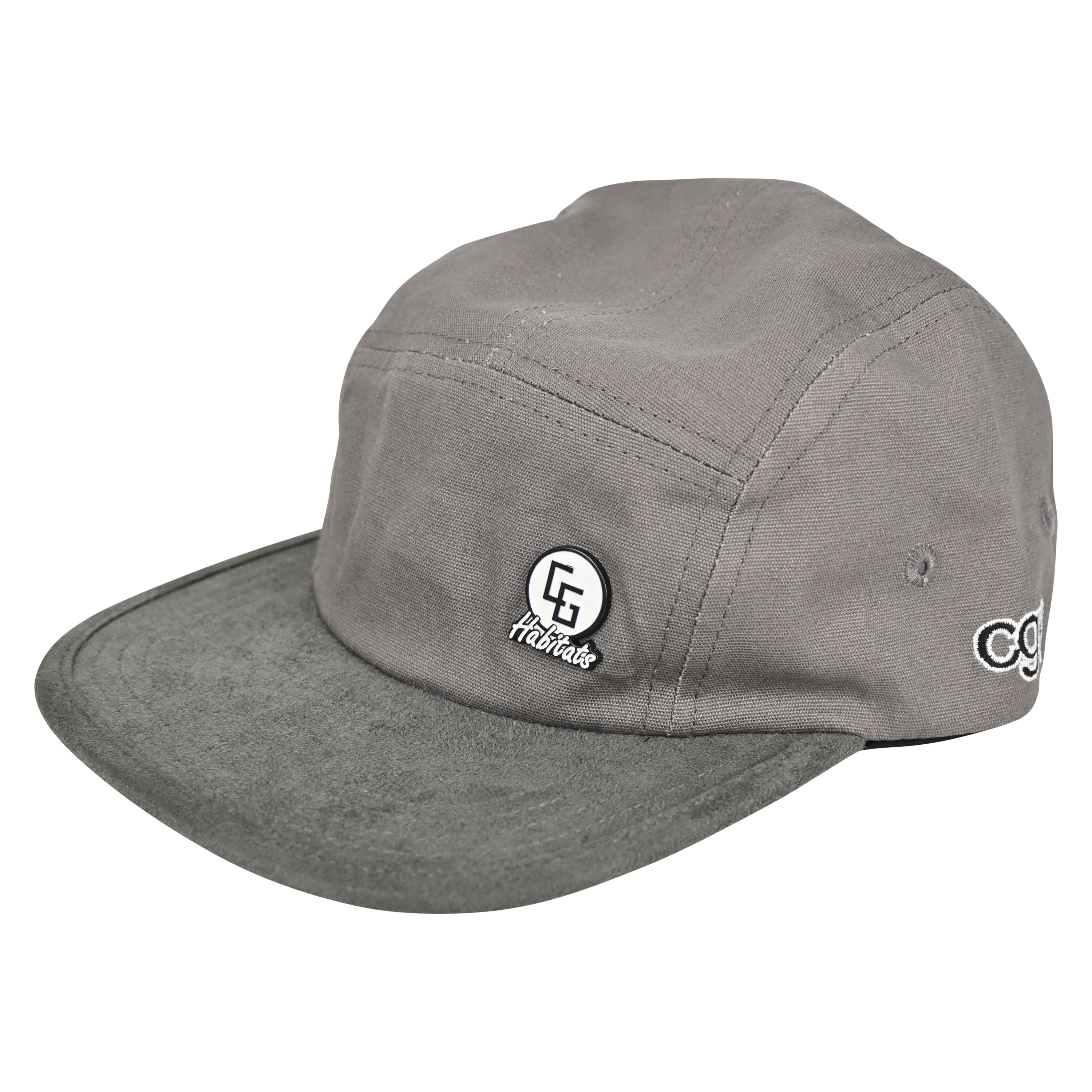 5 Panel Hat_Sesher featuring a suede brim, adjustable strap, and custom metal emblem, available in various colors and materials.