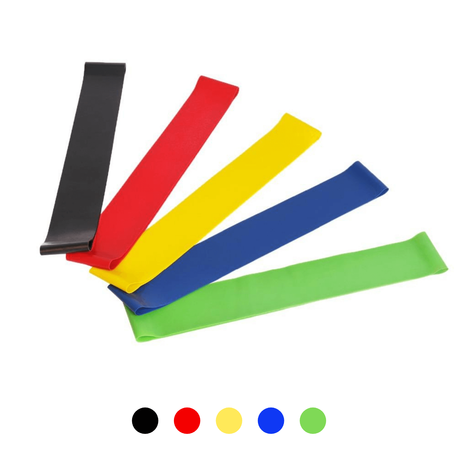 5 Piece Set of Resistance Body Bands in various colors with a convenient carry bag, showcasing their durable latex design and resistance levels.