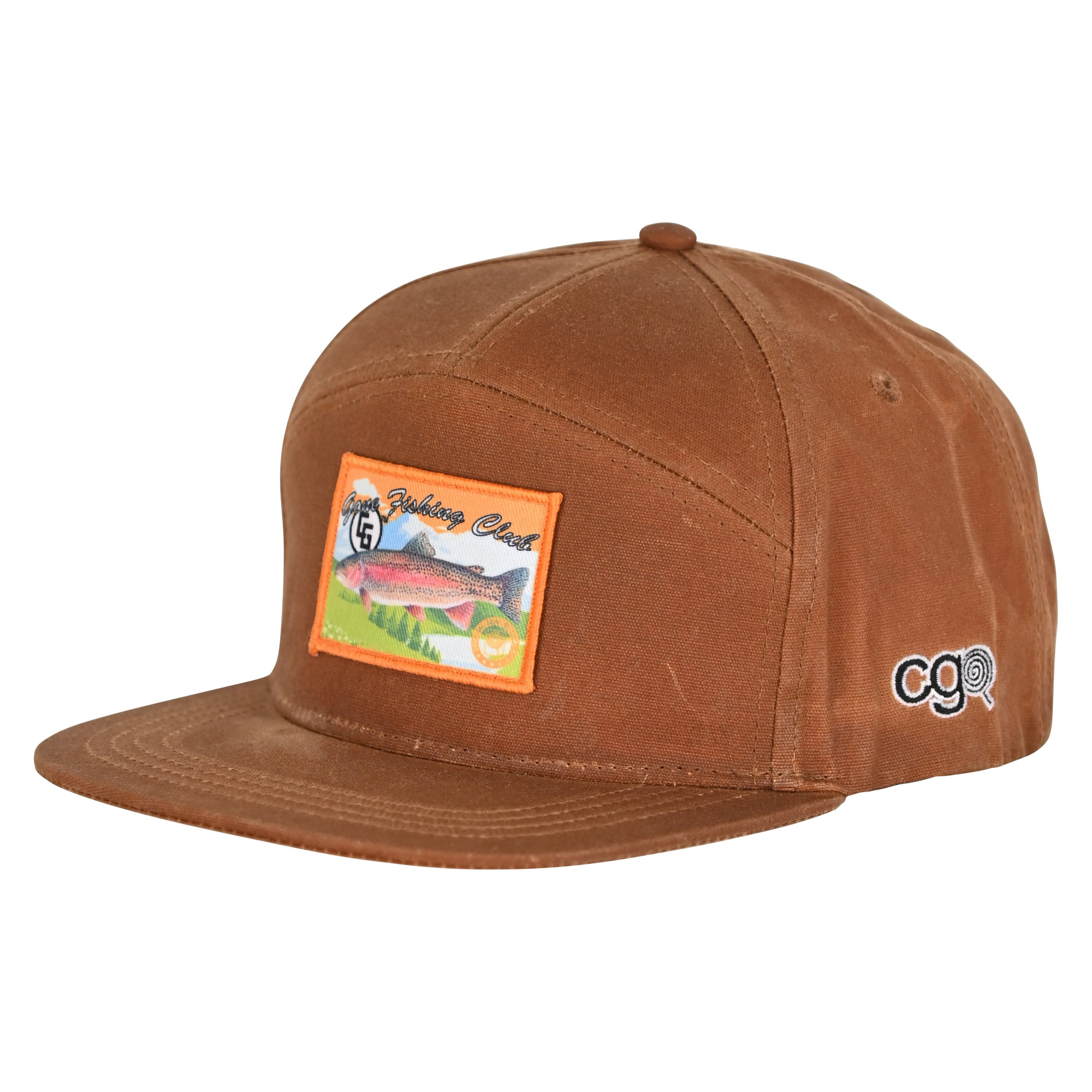 7 Panel Hat_Gone Fishing made of waxed cotton canvas with a custom patch and leather adjustable strap, showcasing a rugged and stylish design.