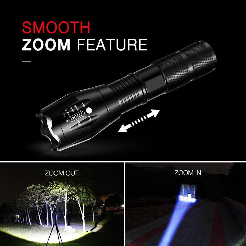 8000 LM LED flashlight with adjustable focus and multiple modes, ideal for camping and outdoor activities, featuring a durable aluminum alloy body.