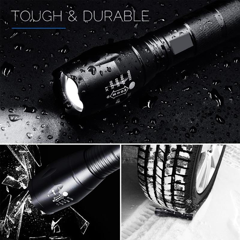 8000 LM LED flashlight with adjustable focus and multiple modes, ideal for camping and outdoor activities, featuring a durable aluminum alloy body.