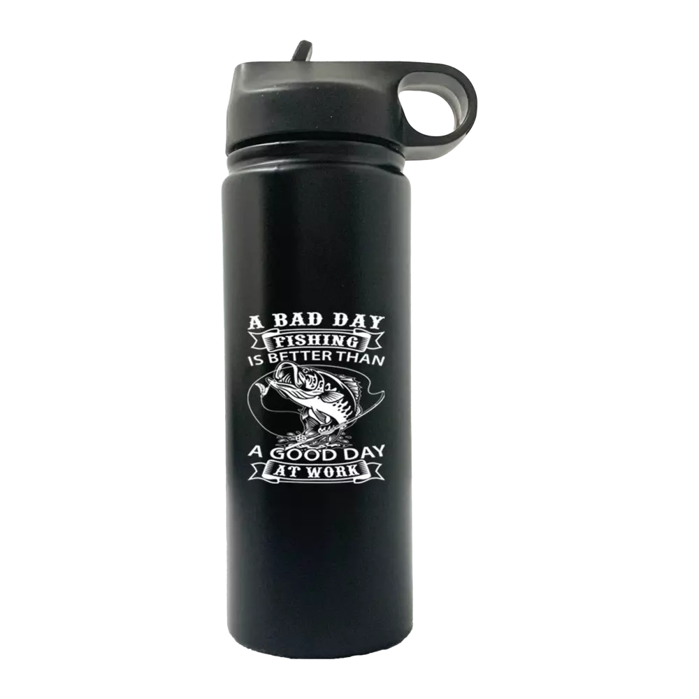 A Bad Day At Fishing 20oz Sport Bottle featuring a metallic aluminum design with a black screw-on lid and built-in handle.