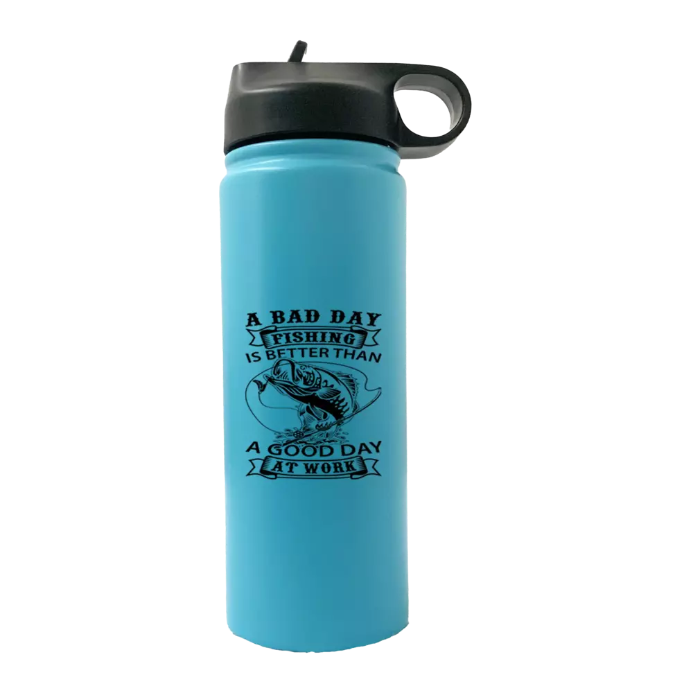 A Bad Day At Fishing 20oz Sport Bottle featuring a metallic aluminum design with a black screw-on lid and built-in handle.