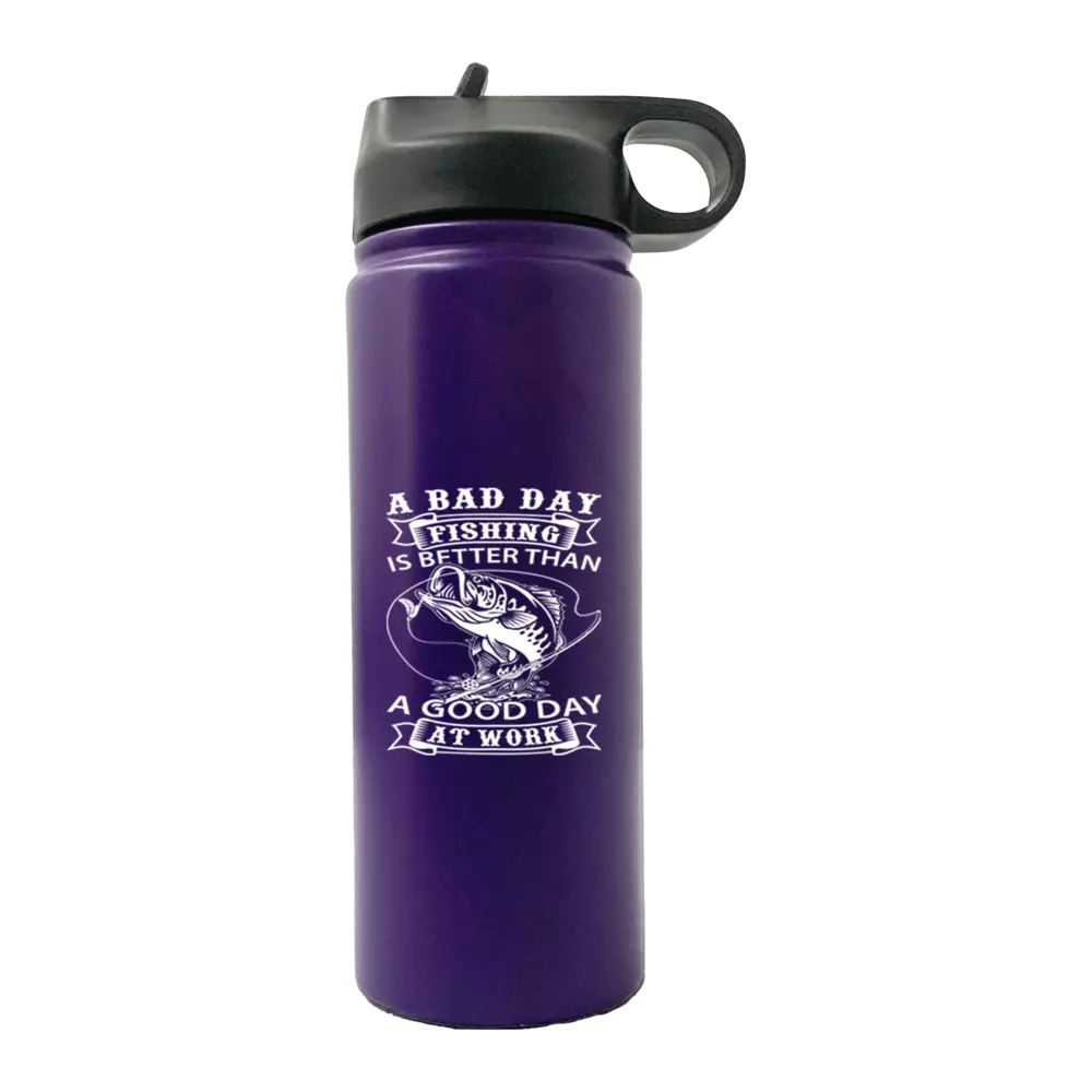 A Bad Day At Fishing 20oz Sport Bottle featuring a metallic aluminum design with a black screw-on lid and built-in handle.