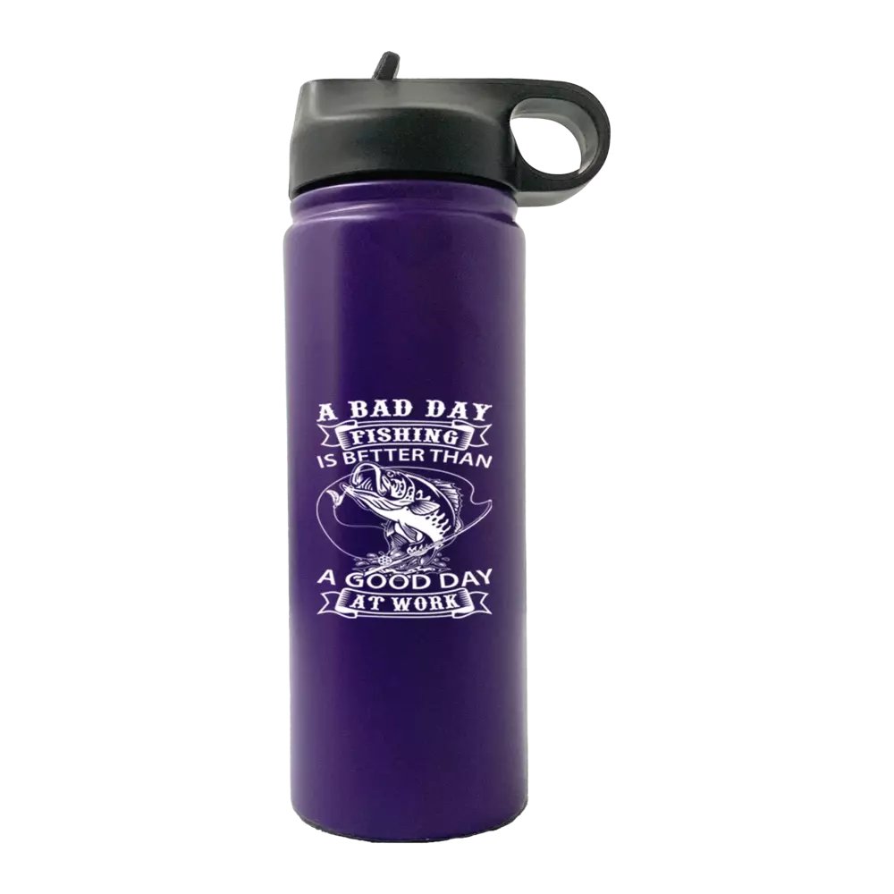 A Bad Day At Fishing 20oz Sport Bottle featuring a metallic aluminum design with a black screw-on lid and built-in handle.