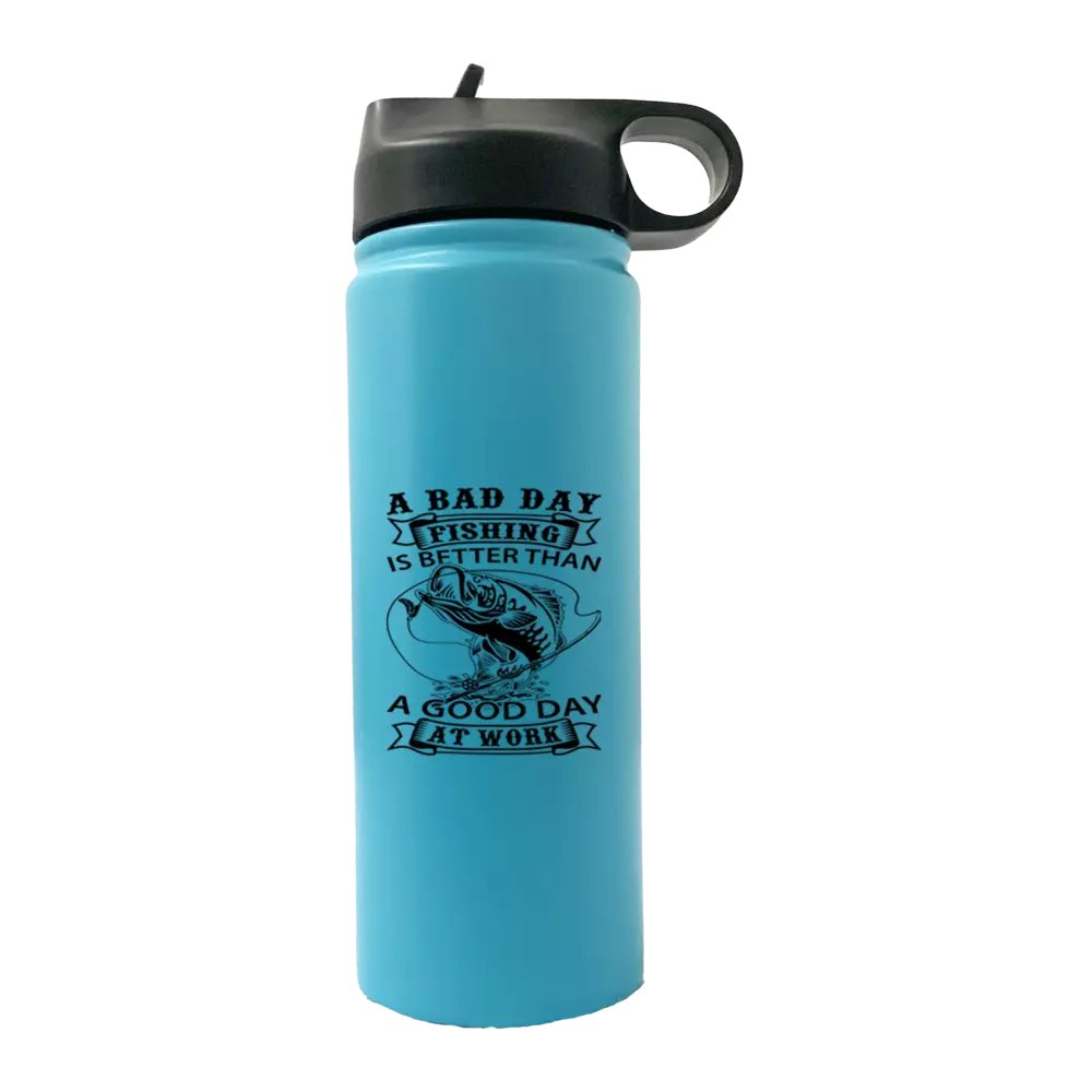 A Bad Day At Fishing 20oz Sport Bottle featuring a metallic aluminum design with a black screw-on lid and built-in handle.