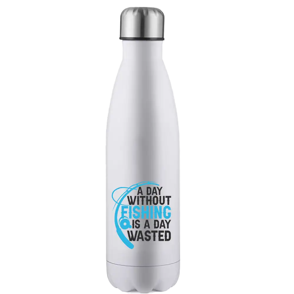 A Day Without Fishing 17oz Stainless Steel Water Bottle with vibrant UV printed design, showcasing its durable and stylish features.