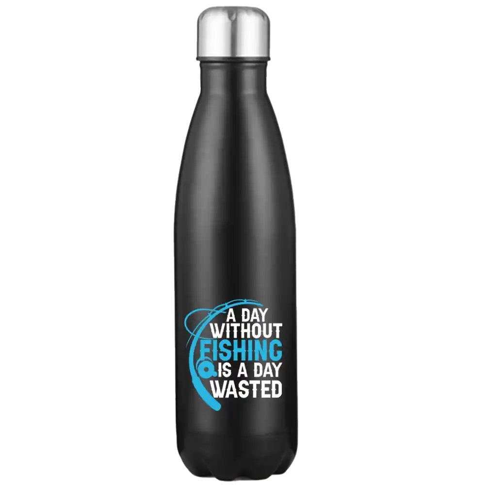 A Day Without Fishing 17oz Stainless Steel Water Bottle with vibrant UV printed design, showcasing its durable and stylish features.