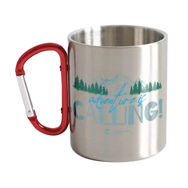 Adventure Camping Carabiner Mug 12oz featuring UV printed designs and stainless steel construction, perfect for outdoor activities.