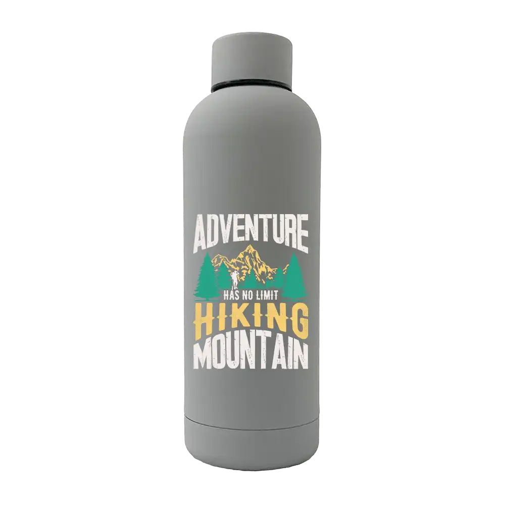 Adventure Has No Limit 17oz Stainless Rubberized Water Bottle with a sleek design and vibrant UV printed graphics.