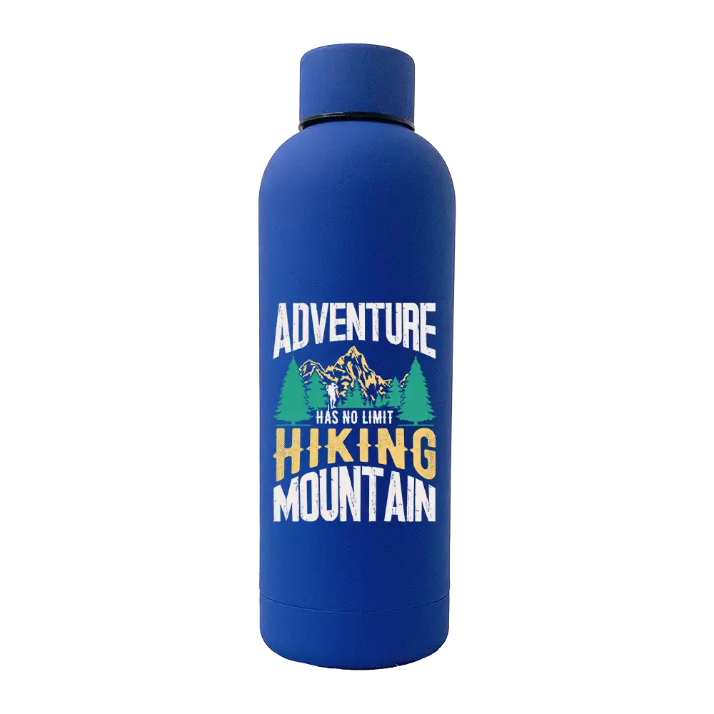 Adventure Has No Limit 17oz Stainless Rubberized Water Bottle with a sleek design and vibrant UV printed graphics.