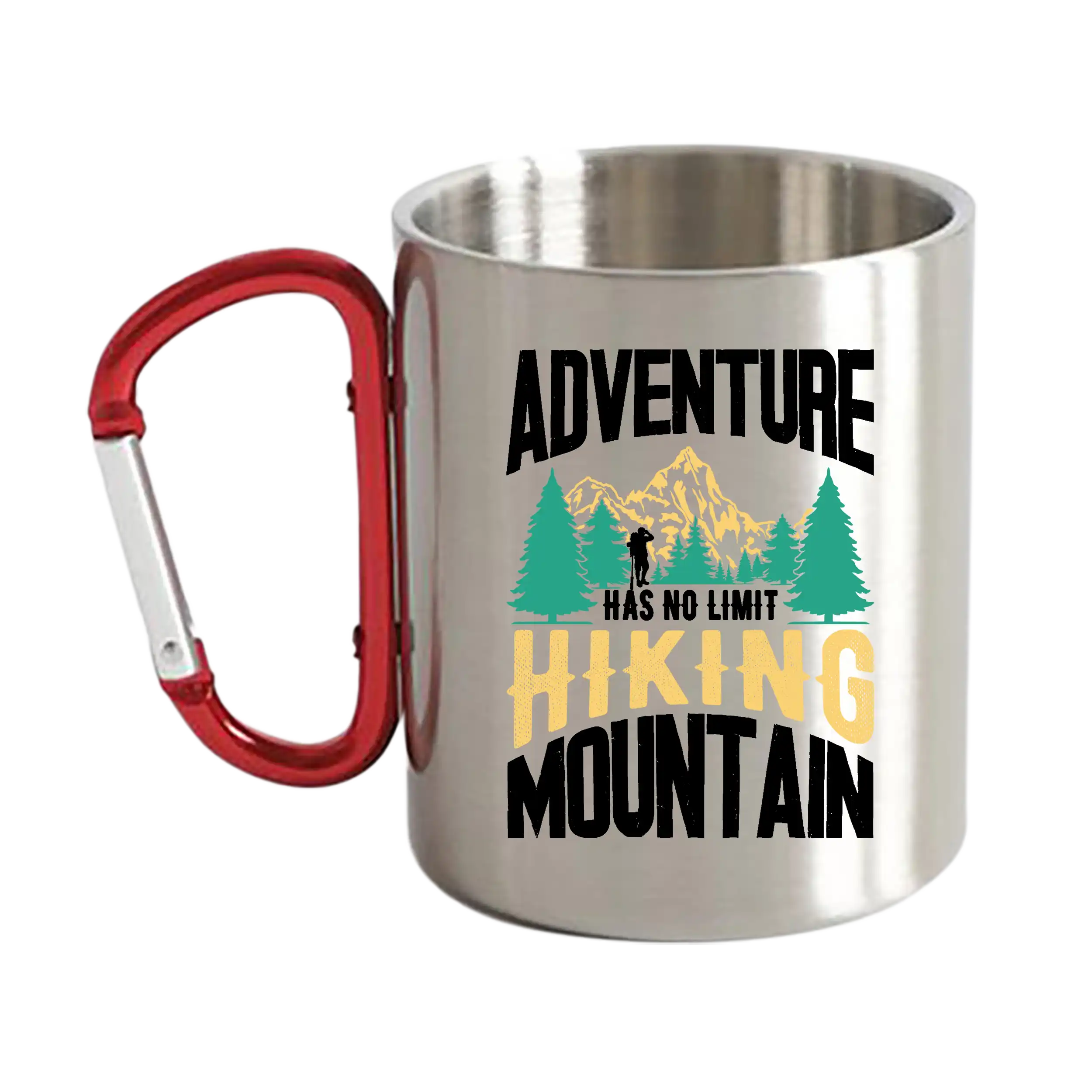 Adventure Has No Limit Carabiner Mug 12oz with stainless steel finish and UV printed design, perfect for outdoor use.