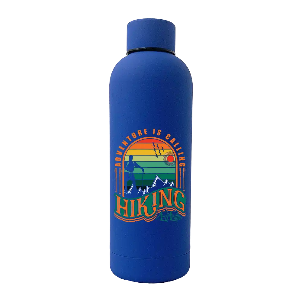 Adventure Is Calling 17oz Stainless Rubberized Water Bottle with a stylish design and leakproof cap, perfect for outdoor activities.