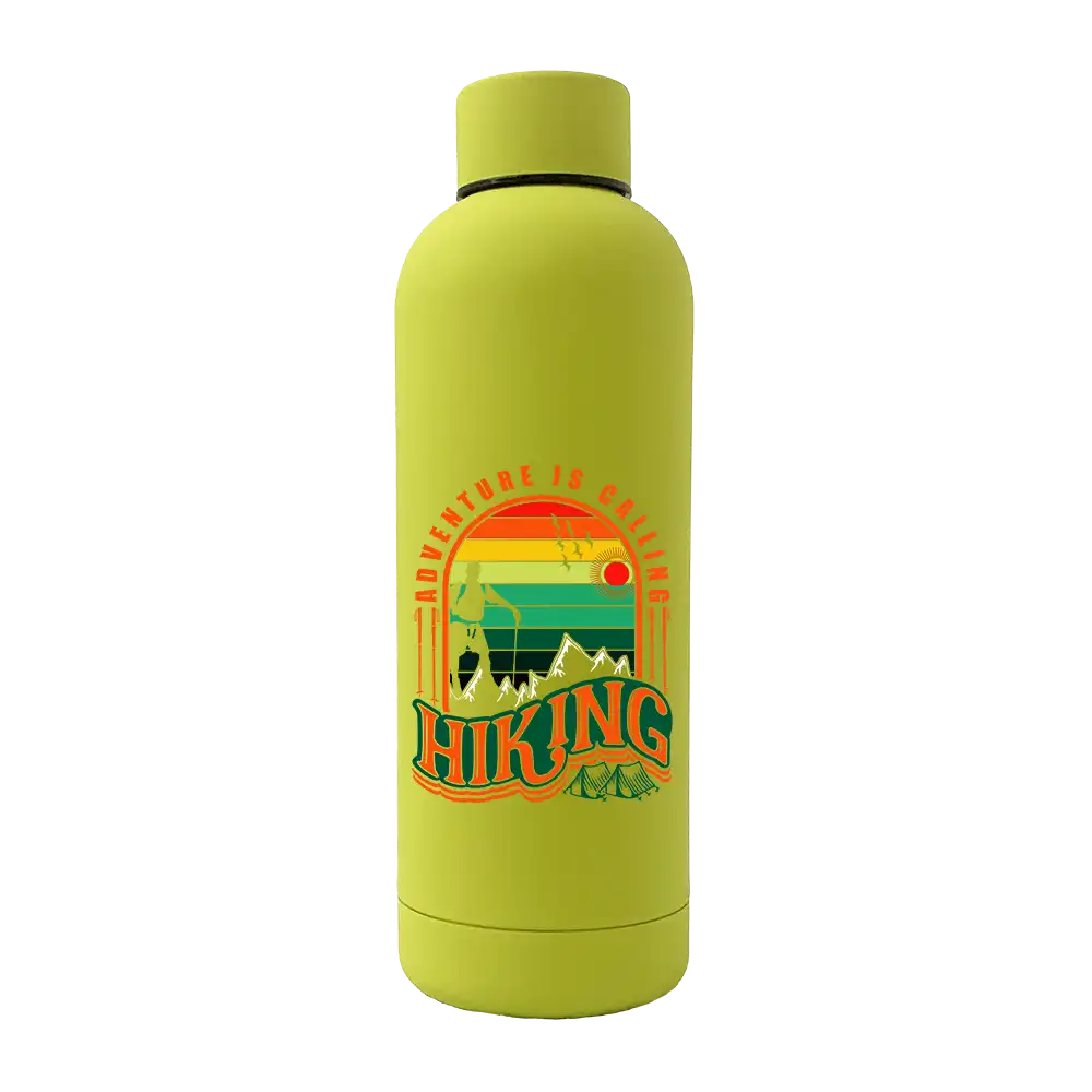 Adventure Is Calling 17oz Stainless Rubberized Water Bottle with a stylish design and leakproof cap, perfect for outdoor activities.