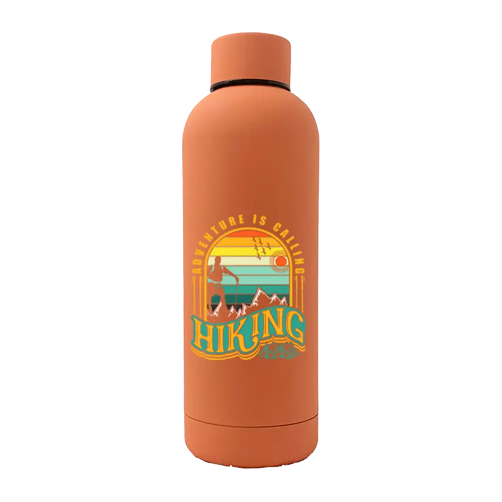 Adventure Is Calling 17oz Stainless Rubberized Water Bottle with a stylish design and leakproof cap, perfect for outdoor activities.