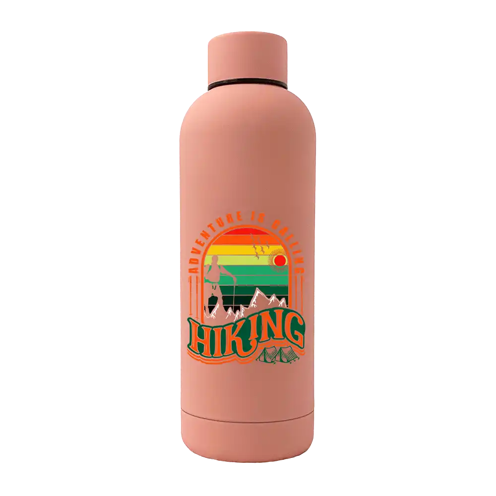 Adventure Is Calling 17oz Stainless Rubberized Water Bottle with a stylish design and leakproof cap, perfect for outdoor activities.