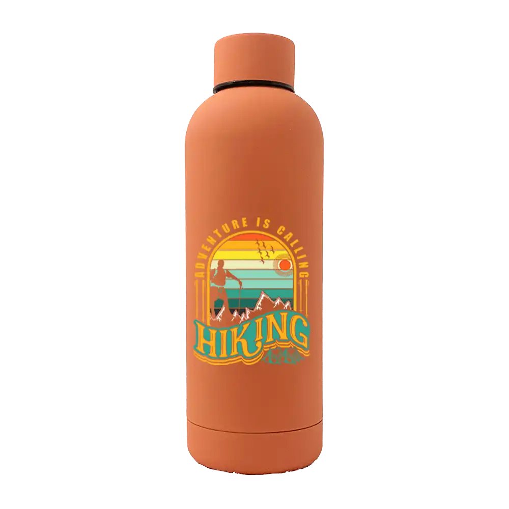 Adventure Is Calling 17oz Stainless Rubberized Water Bottle with a stylish design and leakproof cap, perfect for outdoor activities.