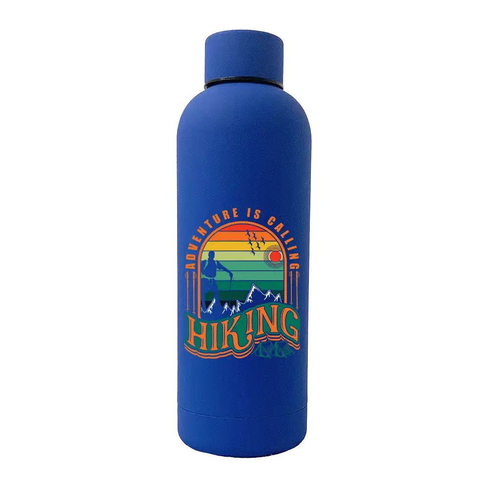 Adventure Is Calling 17oz Stainless Rubberized Water Bottle with a stylish design and leakproof cap, perfect for outdoor activities.