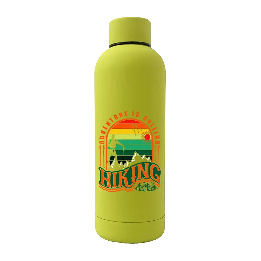 Adventure Is Calling 17oz Stainless Rubberized Water Bottle with a stylish design and leakproof cap, perfect for outdoor activities.