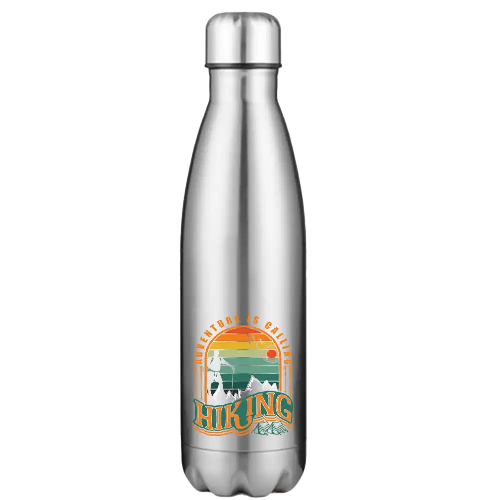 Adventure Is Calling 17oz Stainless Steel Water Bottle with UV printed design and leakproof cap, perfect for outdoor activities.