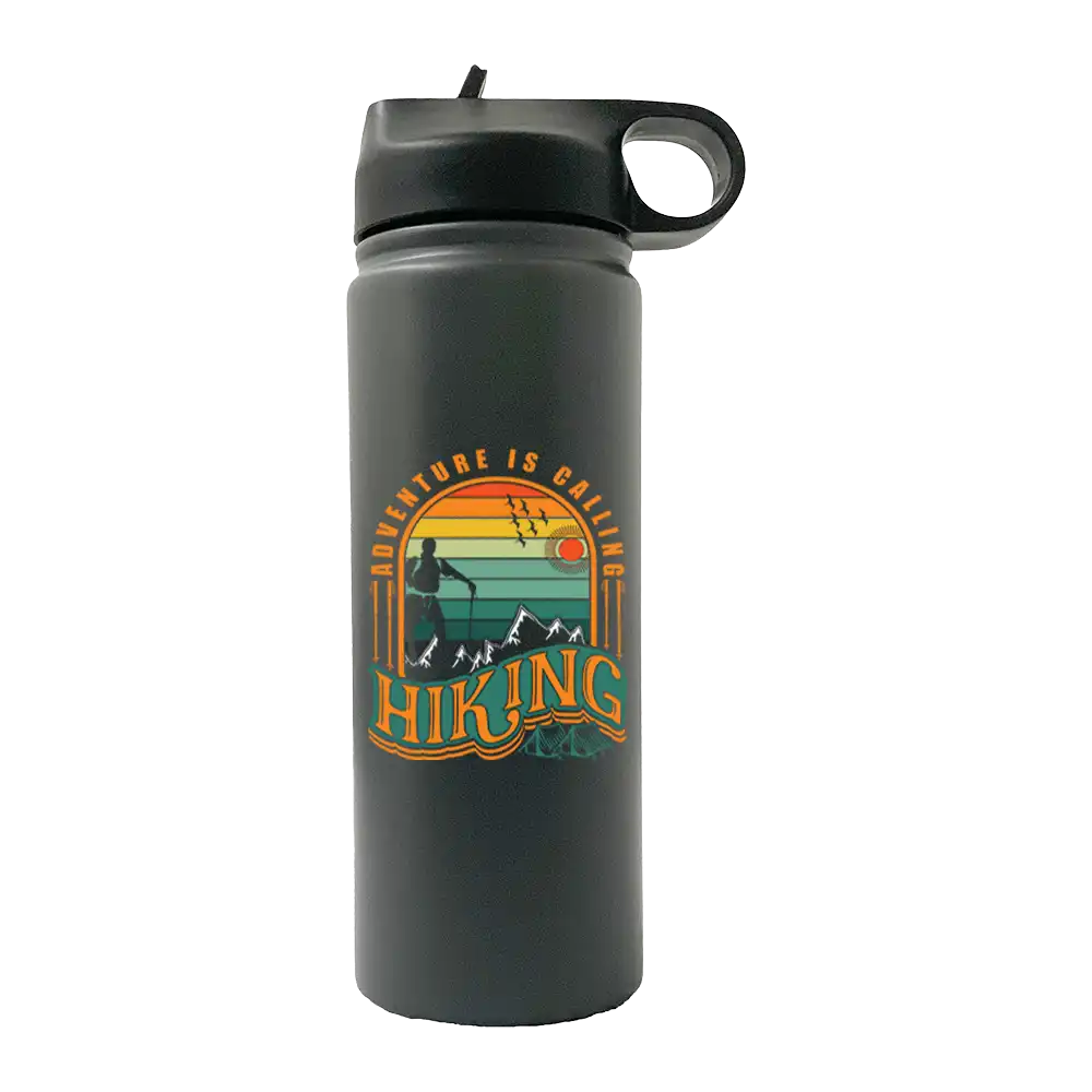 Adventure Is Calling 20oz Sport Bottle in metallic aluminum with a black lid and built-in handle, perfect for outdoor activities.