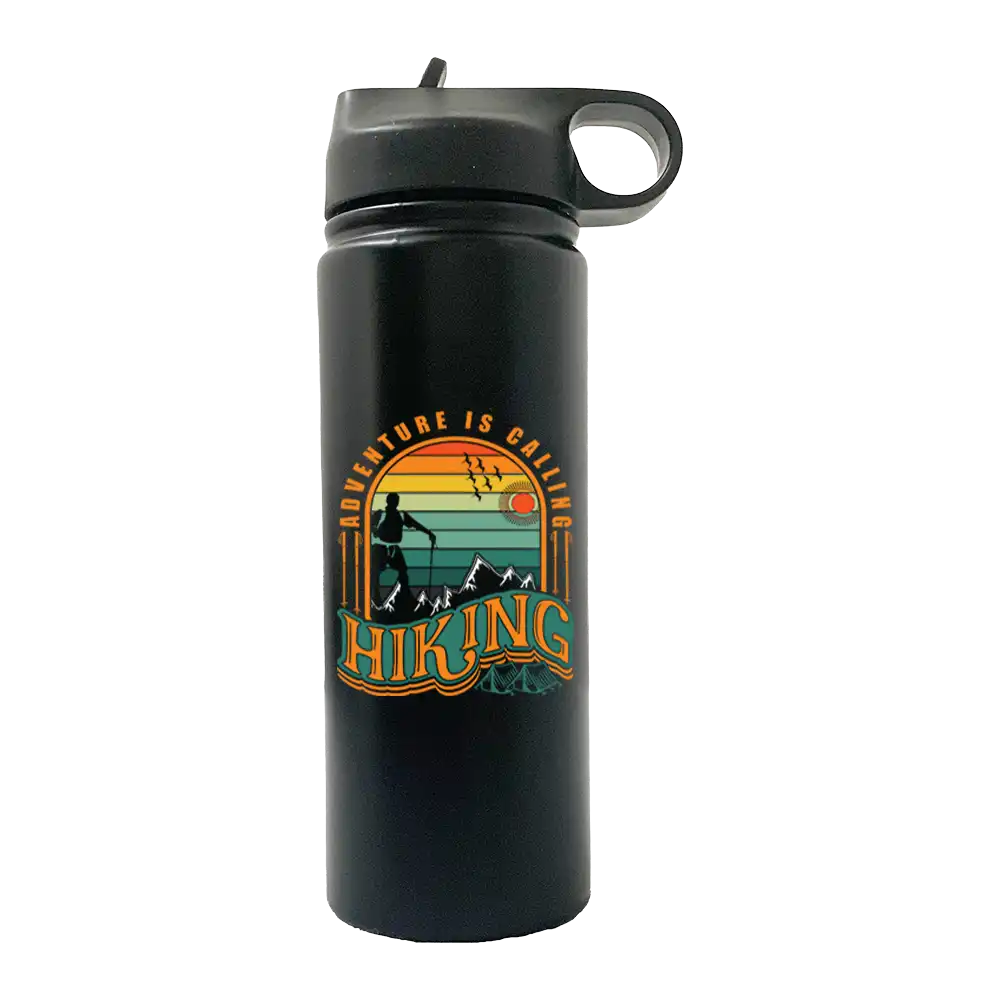 Adventure Is Calling 20oz Sport Bottle in metallic aluminum with a black lid and built-in handle, perfect for outdoor activities.