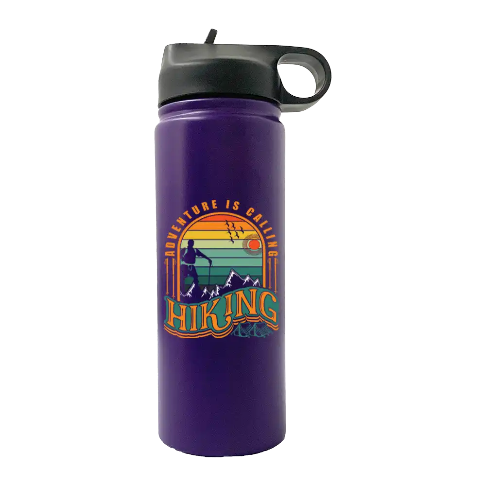 Adventure Is Calling 20oz Sport Bottle in metallic aluminum with a black lid and built-in handle, perfect for outdoor activities.