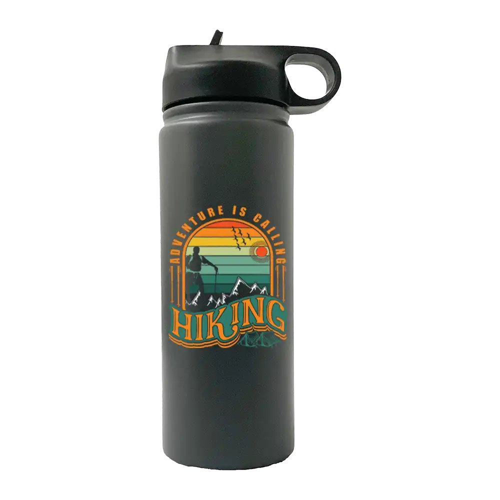 Adventure Is Calling 20oz Sport Bottle in metallic aluminum with a black lid and built-in handle, perfect for outdoor activities.