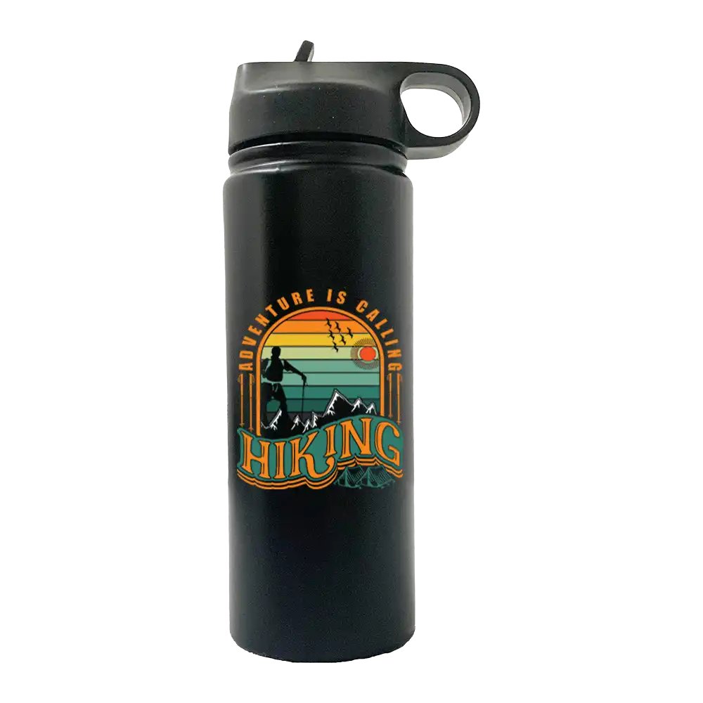 Adventure Is Calling 20oz Sport Bottle in metallic aluminum with a black lid and built-in handle, perfect for outdoor activities.