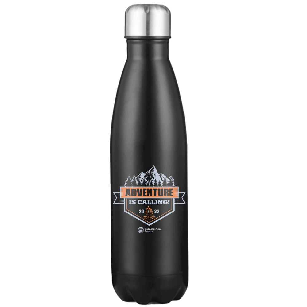 Adventure Is Calling Stainless Steel Water Bottle with double-walled insulation and leakproof cap, perfect for outdoor activities.