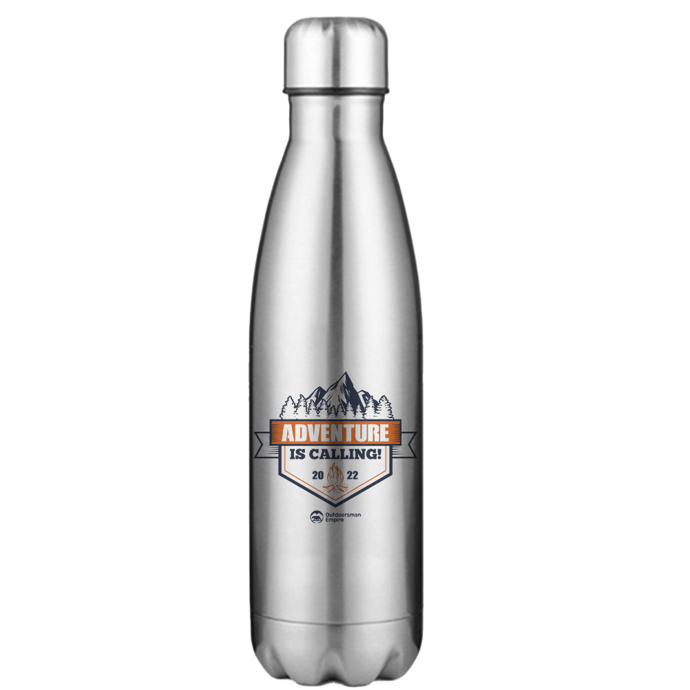 Adventure Is Calling Stainless Steel Water Bottle with double-walled insulation and leakproof cap, perfect for outdoor activities.