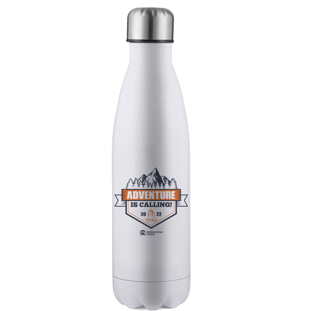 Adventure Is Calling Stainless Steel Water Bottle with double-walled insulation and leakproof cap, perfect for outdoor activities.