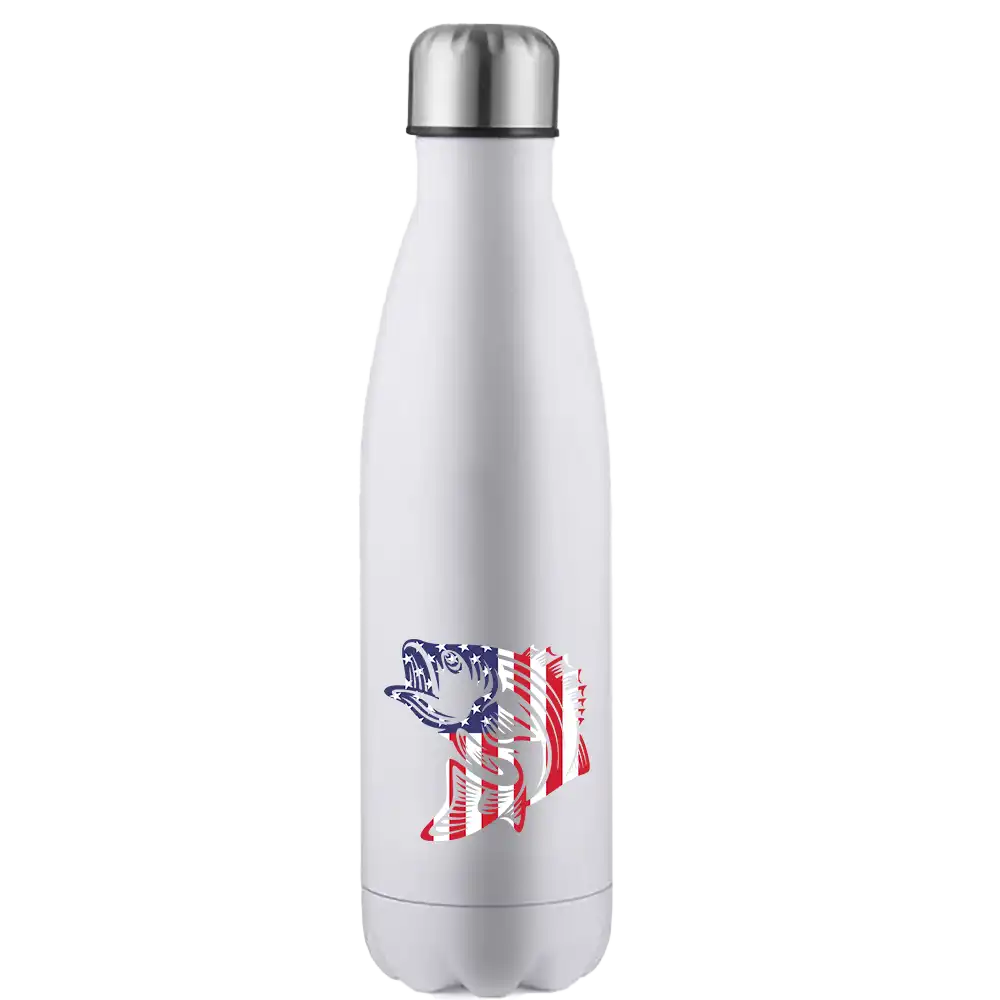 American Flag Fish 17oz Stainless Steel Water Bottle with a vibrant design and leakproof cap, perfect for outdoor activities.