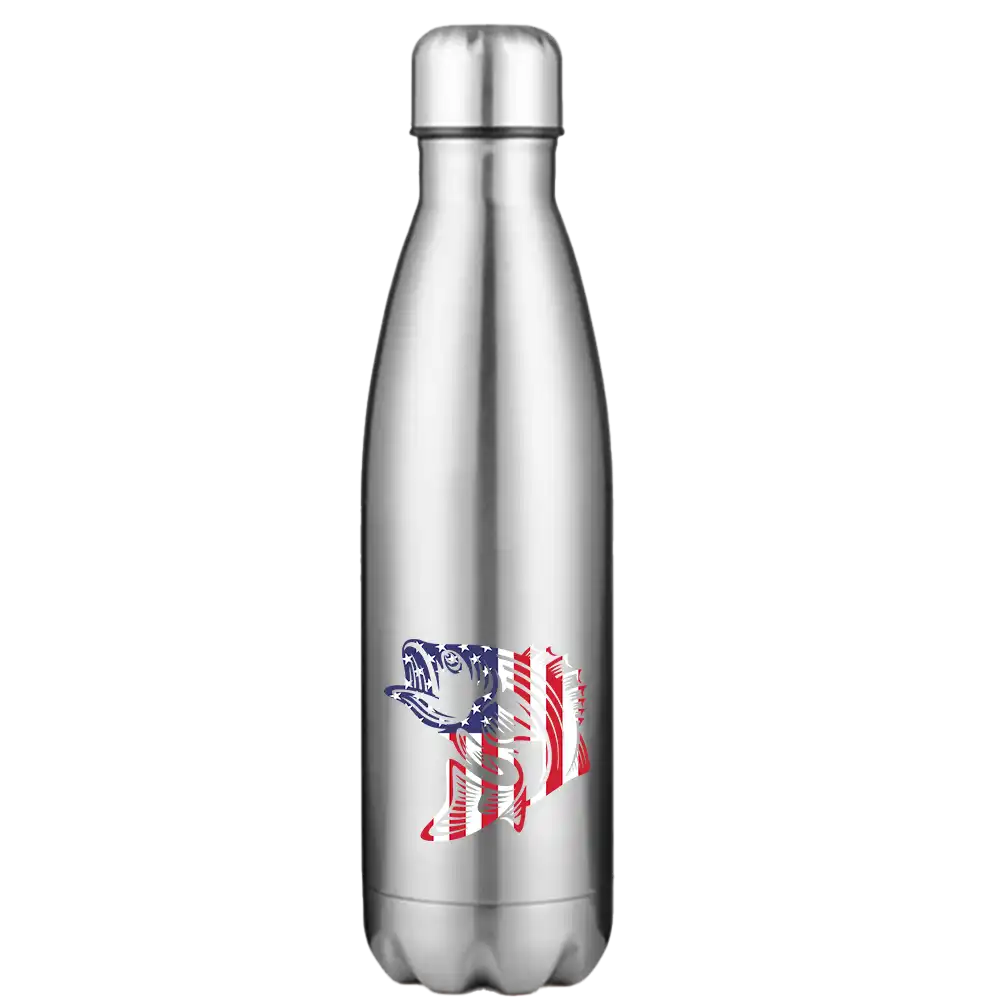 American Flag Fish 17oz Stainless Steel Water Bottle with a vibrant design and leakproof cap, perfect for outdoor activities.