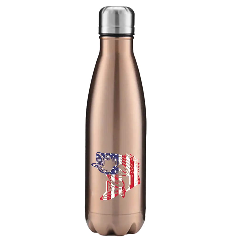 American Flag Fish 17oz Stainless Steel Water Bottle with a vibrant design and leakproof cap, perfect for outdoor activities.