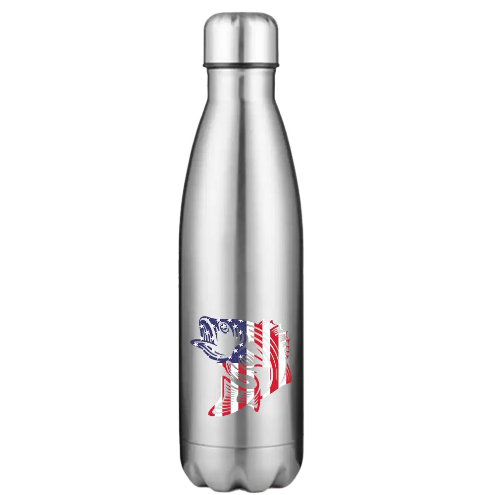 American Flag Fish 17oz Stainless Steel Water Bottle with a vibrant design and leakproof cap, perfect for outdoor activities.