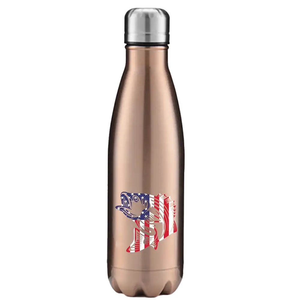 American Flag Fish 17oz Stainless Steel Water Bottle with a vibrant design and leakproof cap, perfect for outdoor activities.