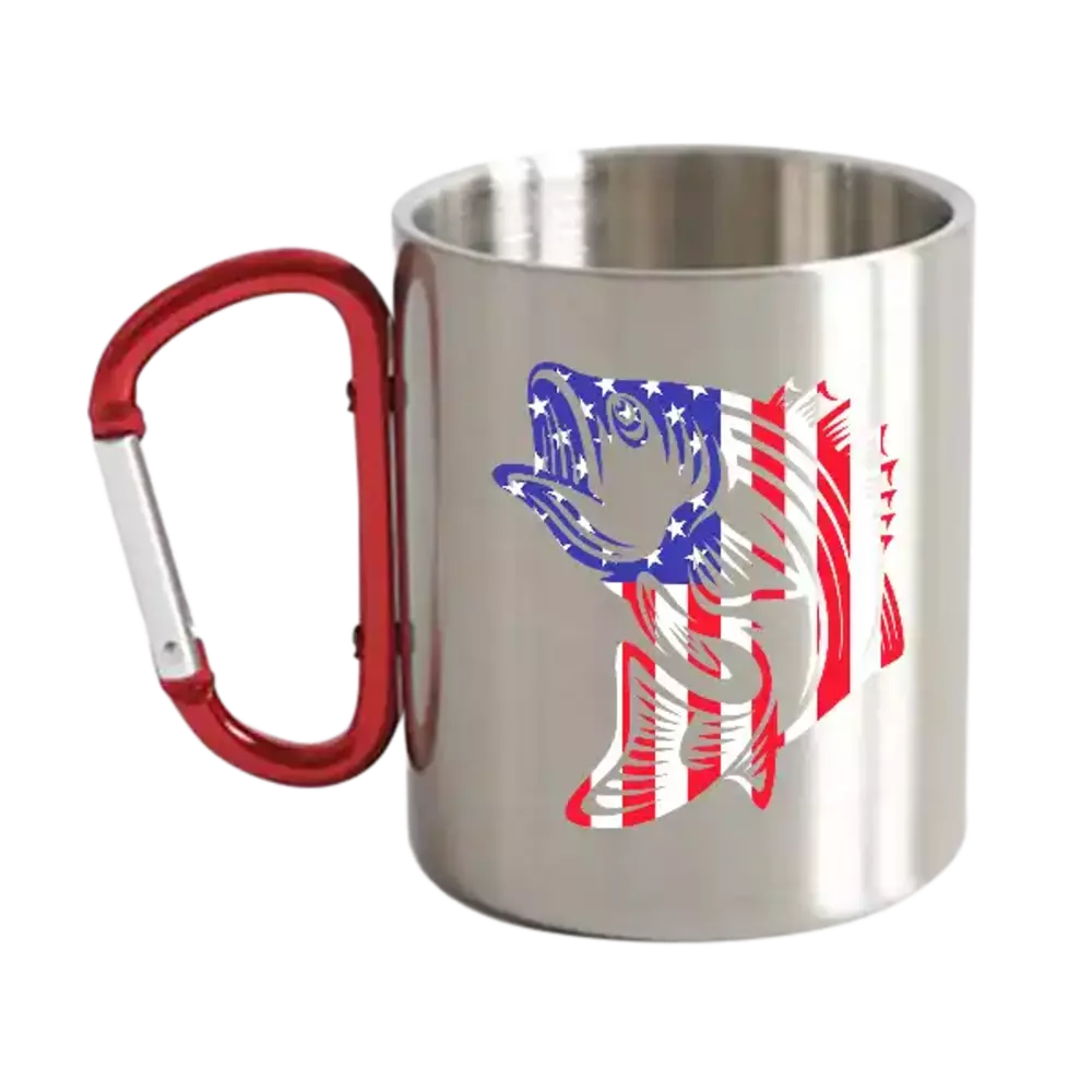 American Flag Fish Carabiner Mug 12oz with vibrant UV printed design, showcasing a fish motif against an American flag background.