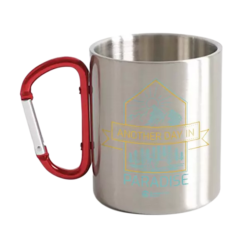 Another Day In Paradise Carabiner Mug 12oz featuring vibrant UV printed design and stainless steel double wall construction.