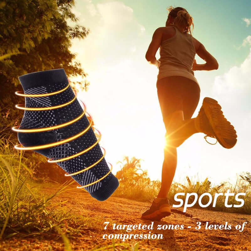 A pair of Anti-Fatigue Compression Socks designed for improved circulation and swelling relief, featuring a breathable fabric and targeted compression zones.