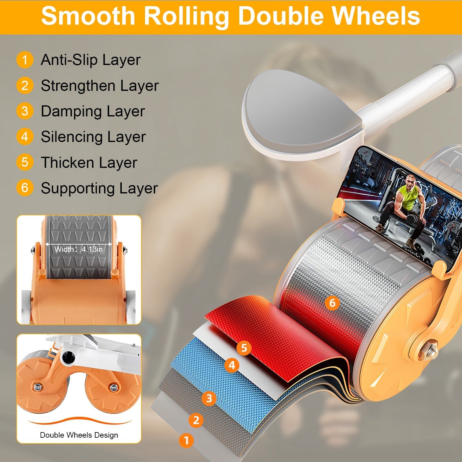 Automatic Rebound Abdominal Wheel Roller with double wheels, anti-slip rubber tracks, and comfortable grips for core workouts.