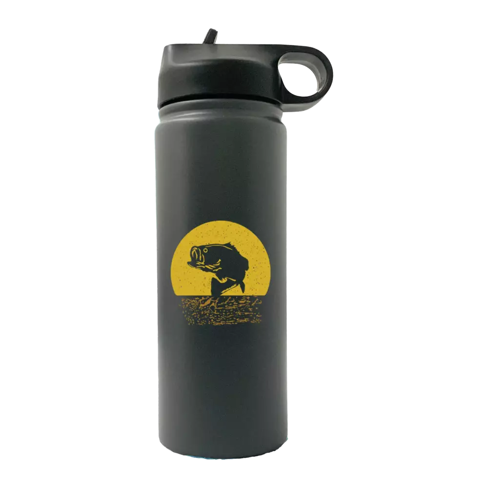 Bass Fishing 20oz Sport Bottle with built-in handle and snap lid, featuring UV-printed fishing designs.