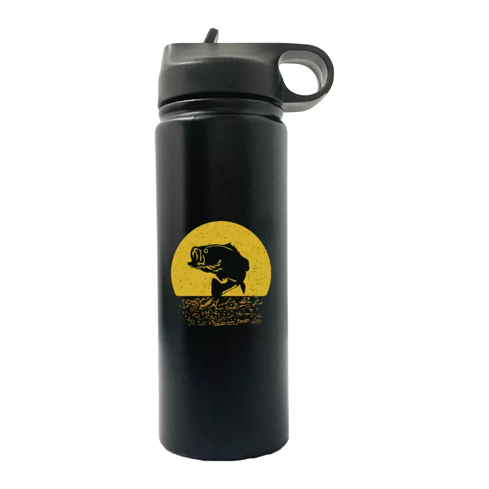 Bass Fishing 20oz Sport Bottle with built-in handle and snap lid, featuring UV-printed fishing designs.