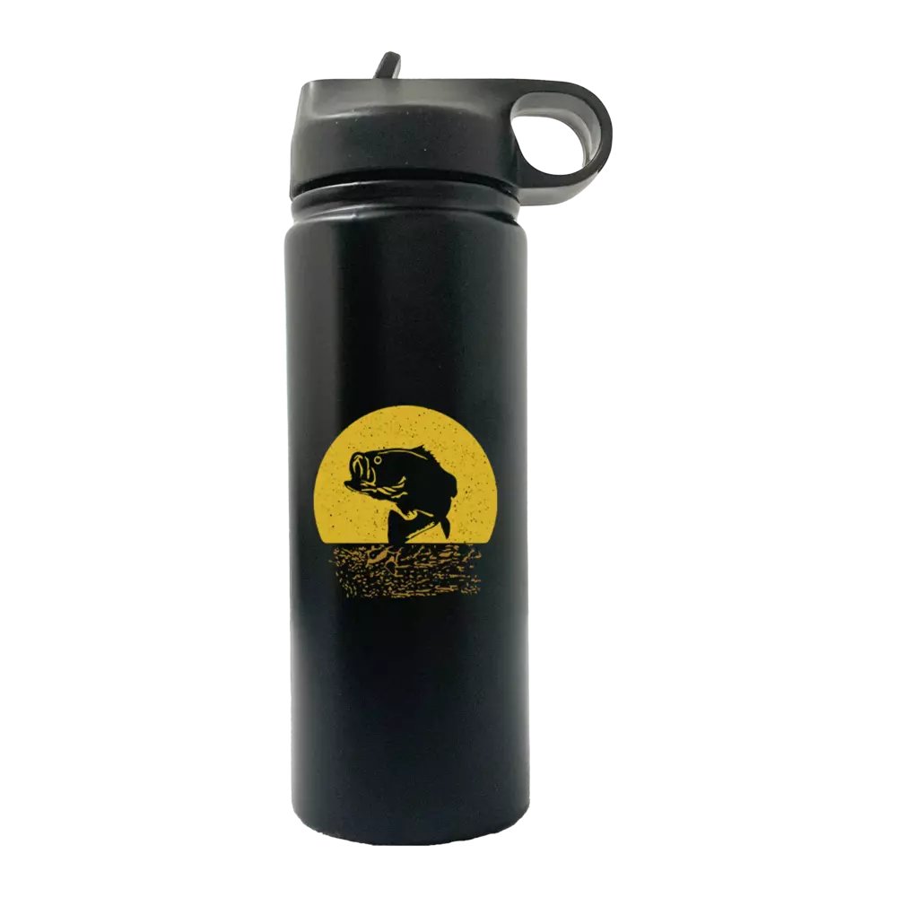 Bass Fishing 20oz Sport Bottle with built-in handle and snap lid, featuring UV-printed fishing designs.