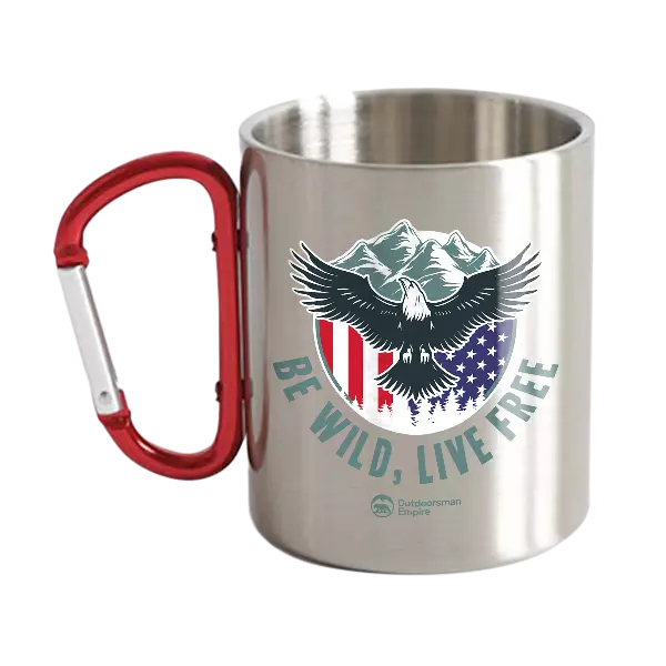 Be Wild Be Free Carabiner Mug with UV printed design, showcasing its sturdy ceramic and stainless steel double wall construction.