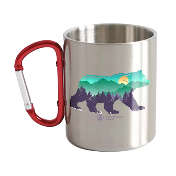 Bear Carabiner Mug 12oz featuring UV printed designs and stainless steel double wall construction, perfect for outdoor use.