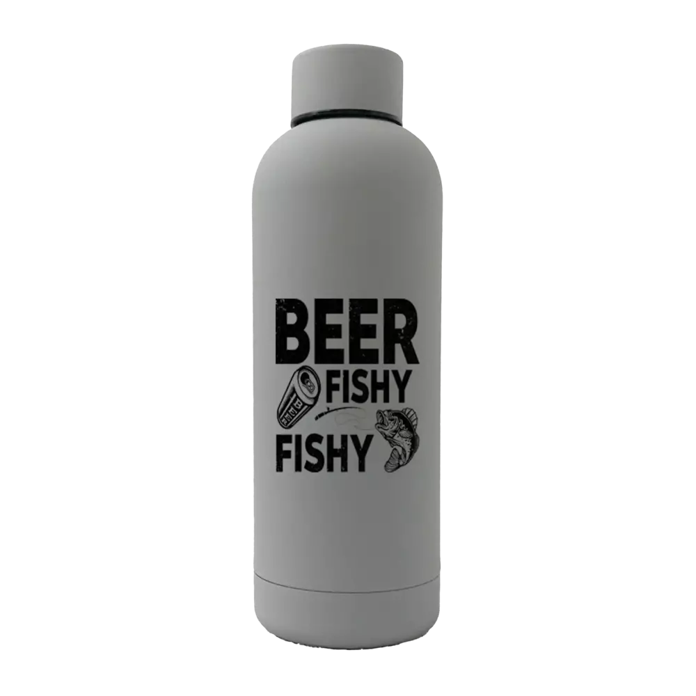 Beer Fishy Fishy 17oz stainless steel water bottle with rubberized coating, featuring a leakproof cap and stylish UV printed design.